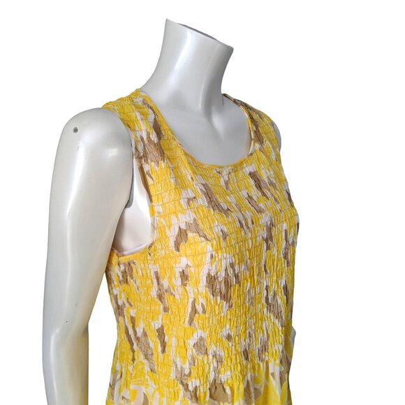 Rose & Olive Sleeveless Blouse Shirred Chest Scoop Neck Yellow Floral White Tan - Picture 2 of 7
